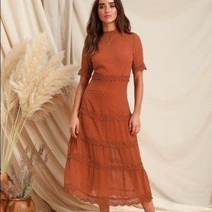 Lulus Rust Orange Swiss Dot Midi Dress XL